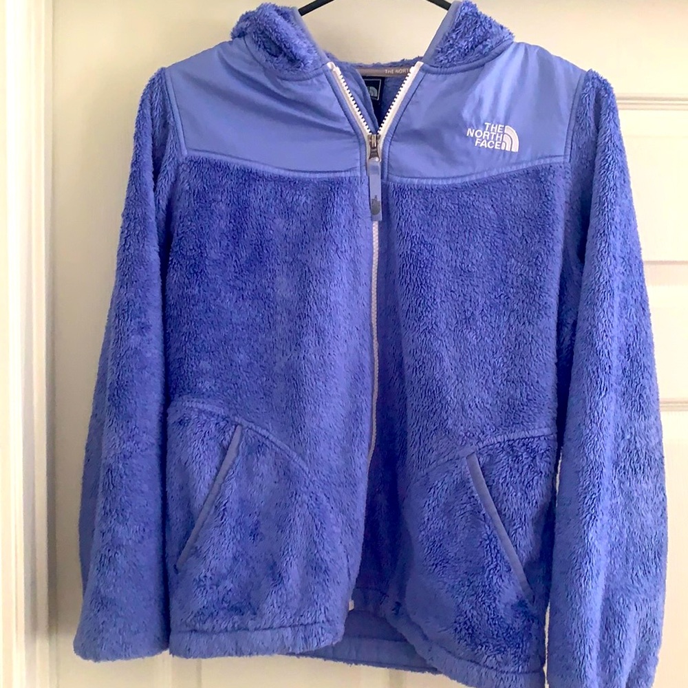 Girls North face jacket hooded size large 14/16 periwinkle color.